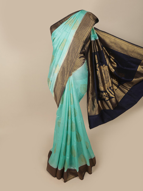 

Pothys Sea Green & Navy Blue Woven Design Jute Silk Saree