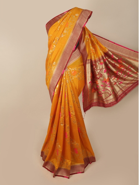 

Pothys Mustard Yellow & Gold-Toned Woven Design Zari Jute Silk Saree