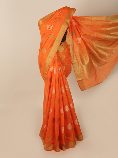 

Pothys Orange & Gold-Toned Woven Design Zari Jute Silk Saree