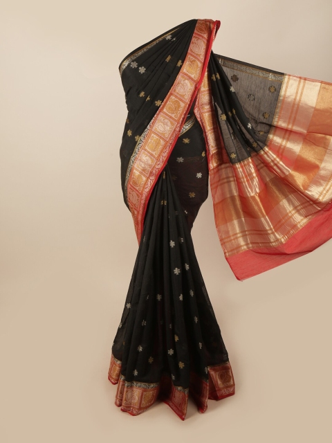 

Pothys Black & Red Ethnic Motifs Zari Jute Silk Saree