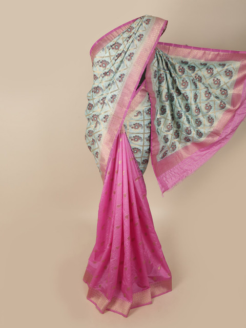 

Pothys Blue & Pink Ethnic Motifs Zari Jute Silk Half and Half Saree