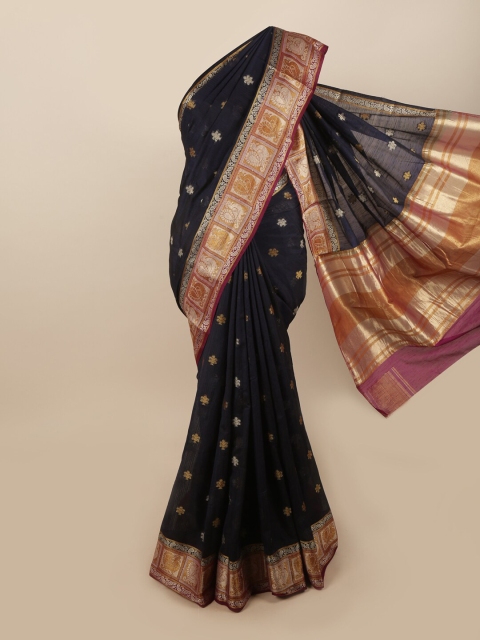 

Pothys Navy Blue & Gold-Toned Woven Design Zari Jute Silk Saree