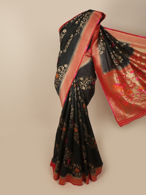 

Pothys Black & Red Floral Zari Jute Silk Saree