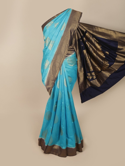 

Pothys Blue & Gold-Toned Floral Zari Jute Silk Saree