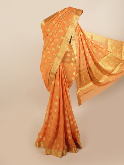 

Pothys Orange & Gold Ethnic Motifs Beads and Stones Art Silk Saree
