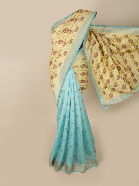 

Pothys Yellow & Blue Floral Zari Half and Half Jute Silk Saree