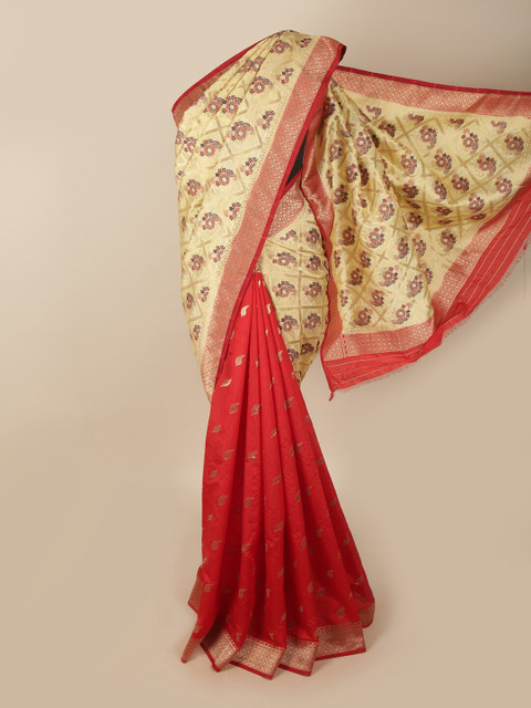 

Pothys Cream-Coloured & Red Woven Design Zari Jute Silk Saree