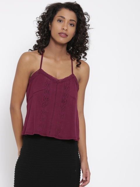 

FOREVER 21 Women Wine-Coloured Lace Detail Top, Burgundy