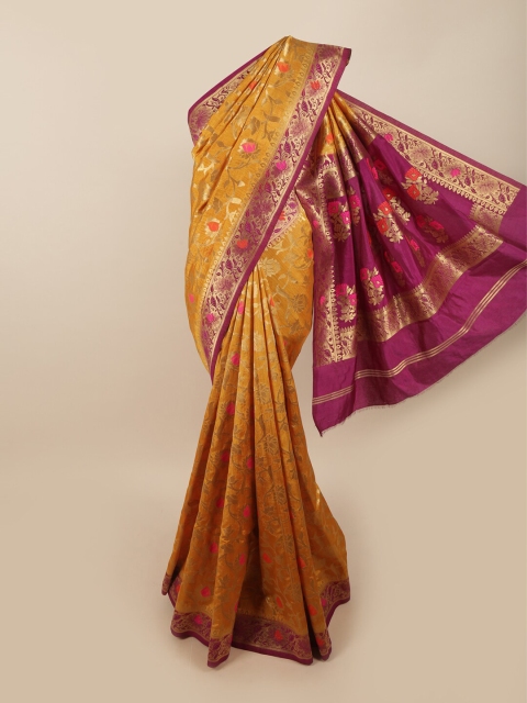 

Pothys Mustard Yellow & Gold-Toned Ethnic Motifs Zari Jute Silk Saree