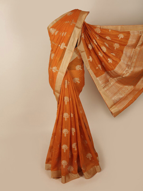 

Pothys Mustard & Gold-Toned Woven Design Zari Jute Silk Saree