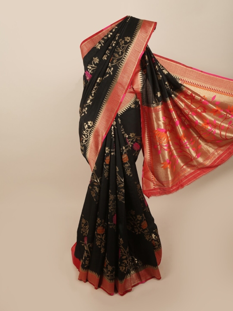 

Pothys Black & Gold-Toned Art Dupion Floral Jute Silk Saree
