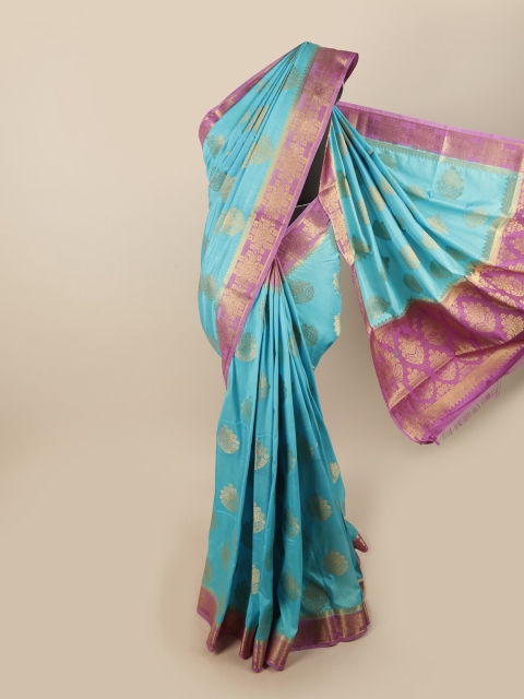 

Pothys Turquoise Blue & Gold Ethnic Motifs Zari Jute Silk Saree