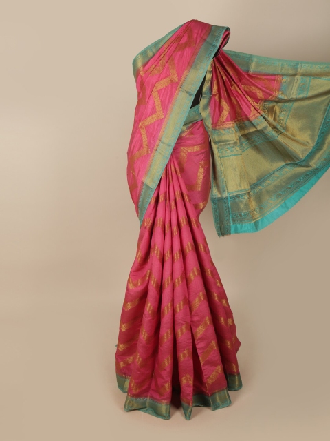 

Pothys Pink & Sea Green Woven Design Zari Jute Silk Saree