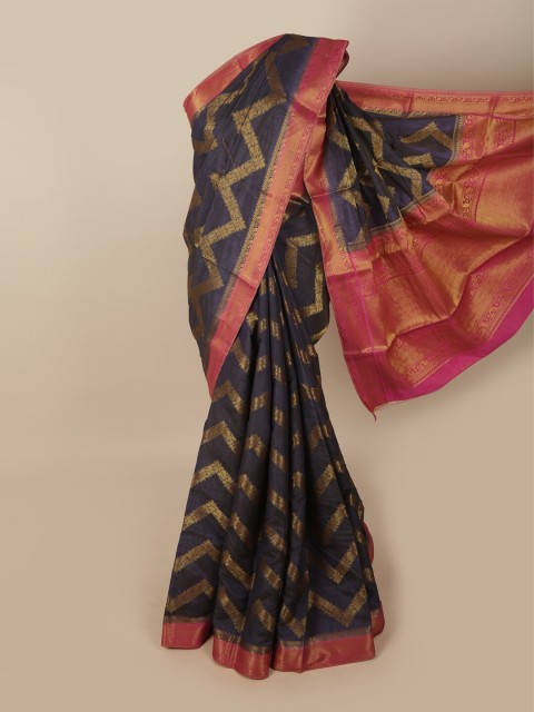 

Pothys Navy Blue & Fuchsia Pink Ethnic Motifs Jute Silk Saree
