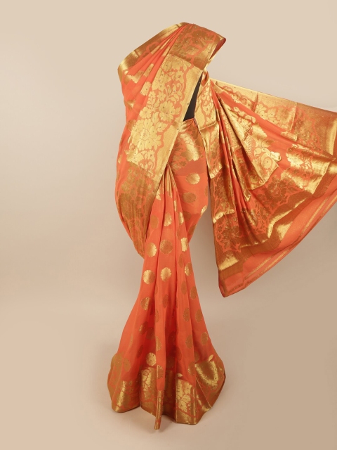 

Pothys Orange & Gold-Toned Floral Zari Art Silk Saree