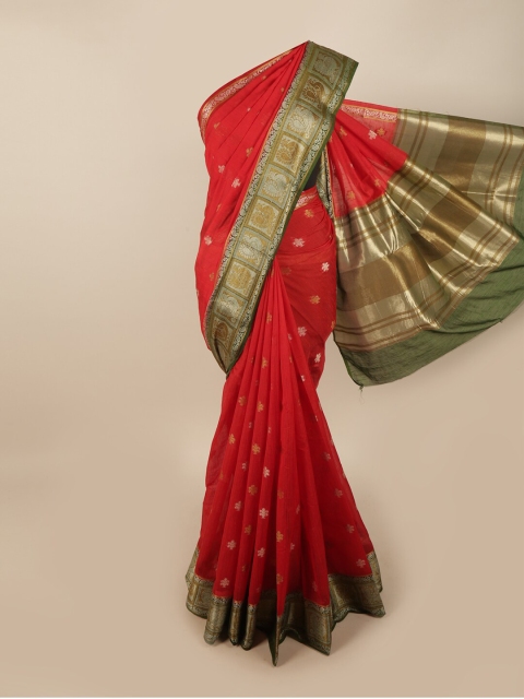 

Pothys Red & Green Ethnic Motifs Zari Jute Silk Saree
