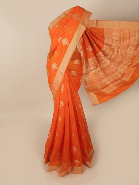 

Pothys Orange & Gold-Toned Woven Design Jute Silk Saree