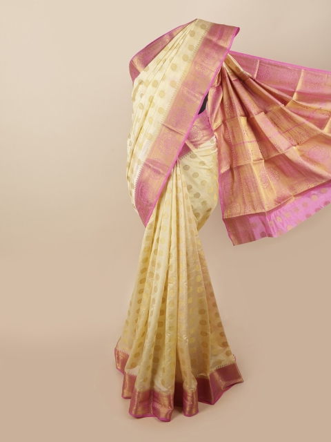 

Pothys Cream-Coloured & Pink Ethnic Motifs Zari Jute Silk Saree