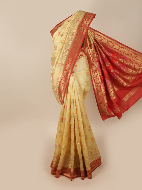 

Pothys Cream-Coloured & Red Ethnic Motifs Zari Jute Silk Saree