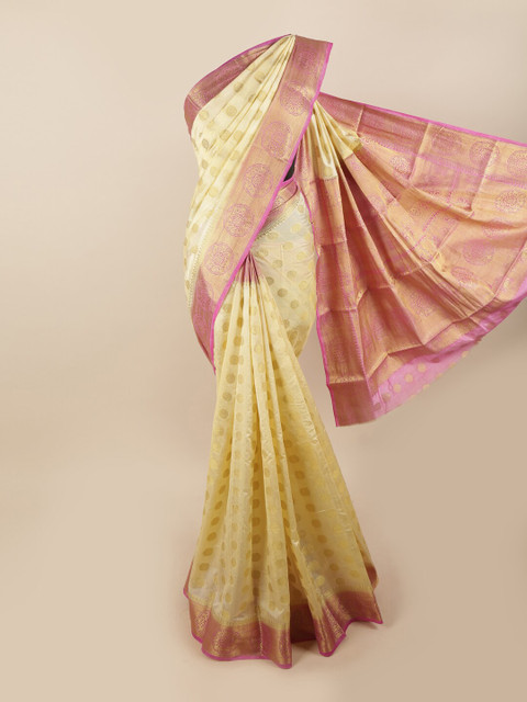 

Pothys Cream-Coloured & Purple Ethnic Motifs Zari Jute Silk Saree