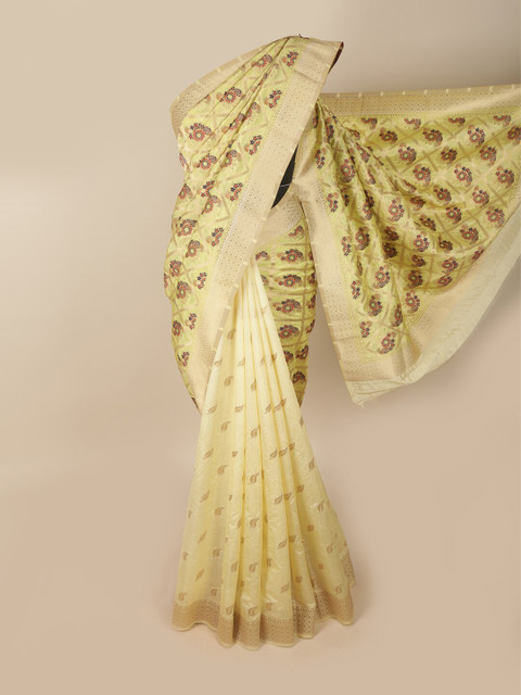 

Pothys Fluorescent Green & Red Ethnic Motifs Art Dupion Jute Silk Saree