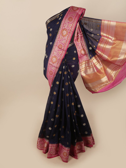 

Pothys Navy Blue & Pink Ethnic Motifs Zari Jute Silk Saree