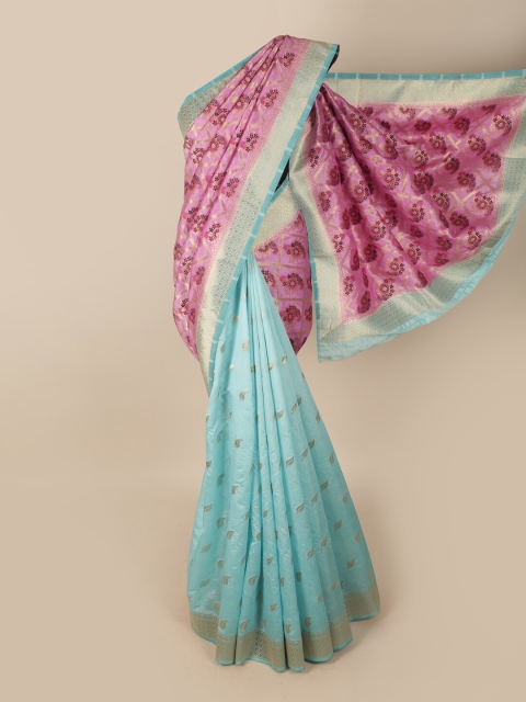 

Pothys Pink & Turquoise Blue Woven Design Jute Silk Saree