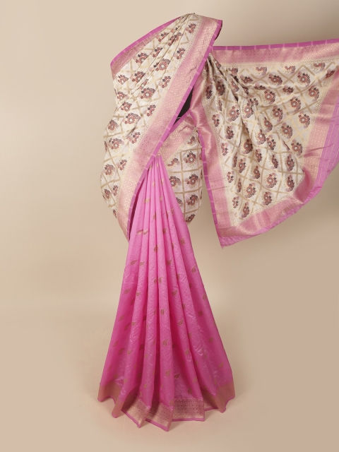 

Pothys Cream-Coloured & Pink Woven Design Zari Jute Silk Saree