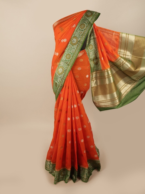 

Pothys Orange & Green Woven Design Zari Jute Silk Saree