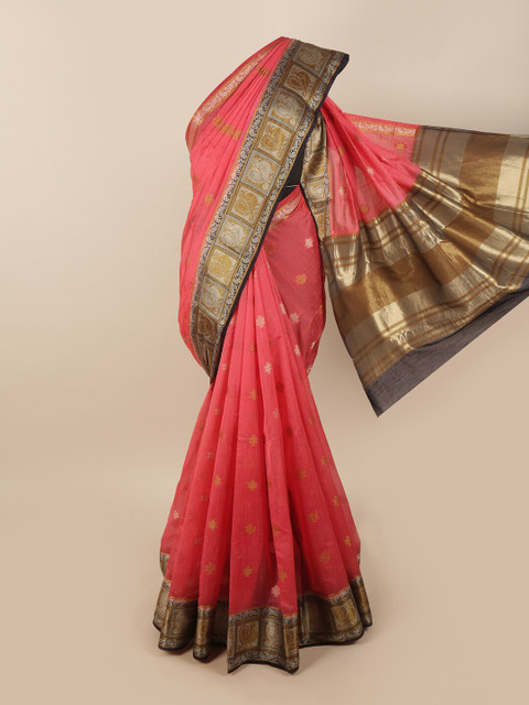 

Pothys Pink & Black Ethnic Motifs Zari Jute Silk Saree