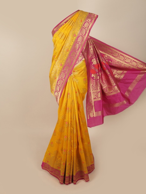 

Pothys Yellow & Fuchsia Ethnic Motifs Zari Jute Silk Saree
