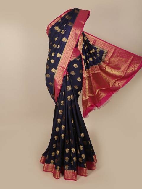 

Pothys Navy Blue & Fuchsia Ethnic Motifs Zari Jute Silk Saree