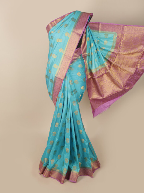 

Pothys Turquoise Blue & Gold Ethnic Motifs Jute Silk Saree