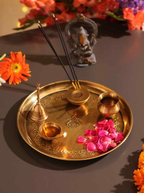 

Amoliconcepts Set of 5 Gold-Toned Pooja Thali With Bell Diya Gadvi & Agarbati Stand