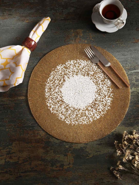 

Amoliconcepts White & Gold-Toned Hand Beaded Round Table Placemat