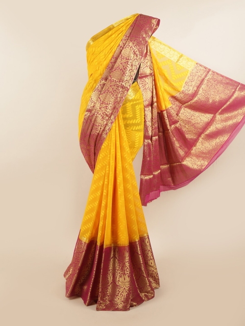 

Pothys Yellow & Pink Ethnic Motifs Zari Pure Georgette Saree