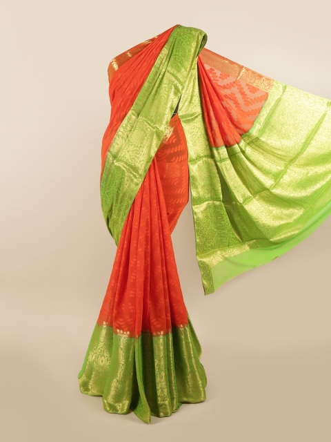 

Pothys Orange & Green Ethnic Motifs Zari Pure Georgette Saree