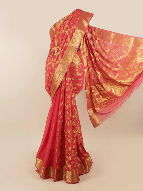 

Pothys Pink & Gold-Toned Ethnic Motifs Zari Pure Georgette Saree