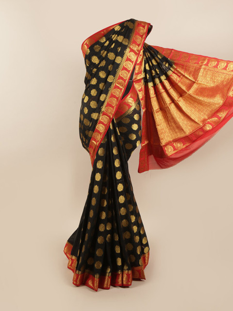 

Pothys Black & Red Ethnic Motifs Zari Pure Crepe Saree