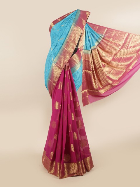 

Pothys Blue & Pink Woven Design Zari Pure Georgette Saree