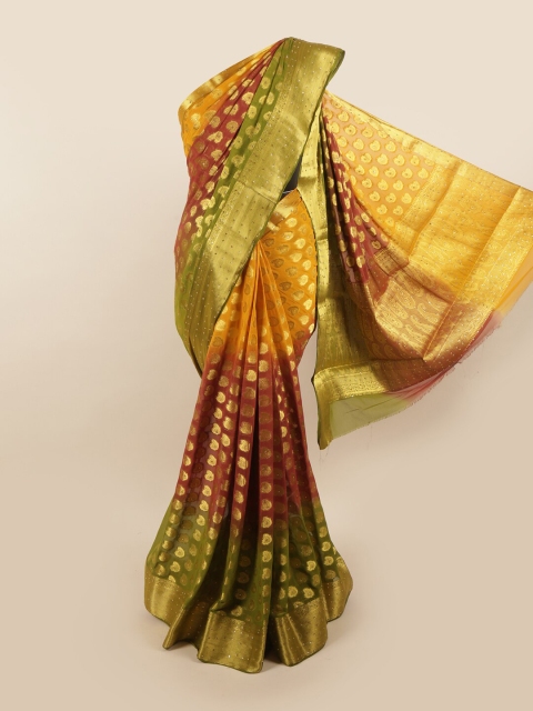 

Pothys Yellow & Olive Green Ethnic Motifs Sequinned Pure Georgette Saree