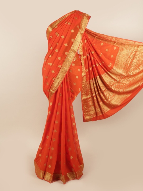 

Pothys Orange & Gold-Toned Floral Zari Pure Georgette Saree
