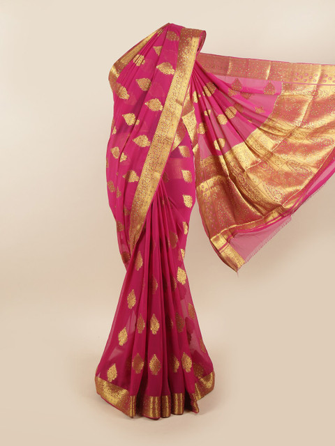 

Pothys Pink & Gold-Toned Woven Design Zari Pure Georgette Saree