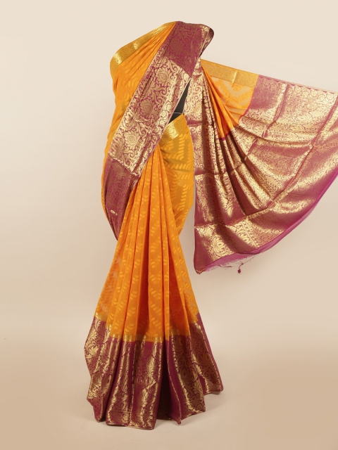 

Pothys Mustard Yelow & Fuchsia Pink Ethnic Motifs Pure Georgette Saree