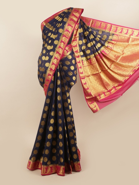 

Pothys Navy Blue & Pink Woven Design Zari Pure Crepe Saree