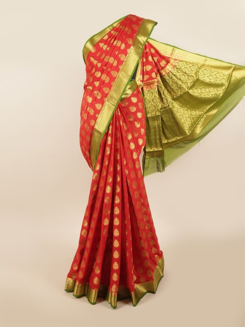 

Pothys Red & Green Woven Design Zari Pure Crepe Saree