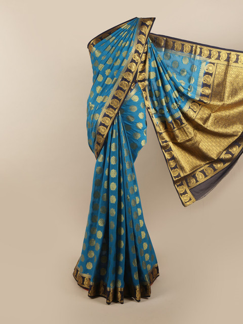 

Pothys Blue & Gold-Toned Woven Design Pure Crepe Saree