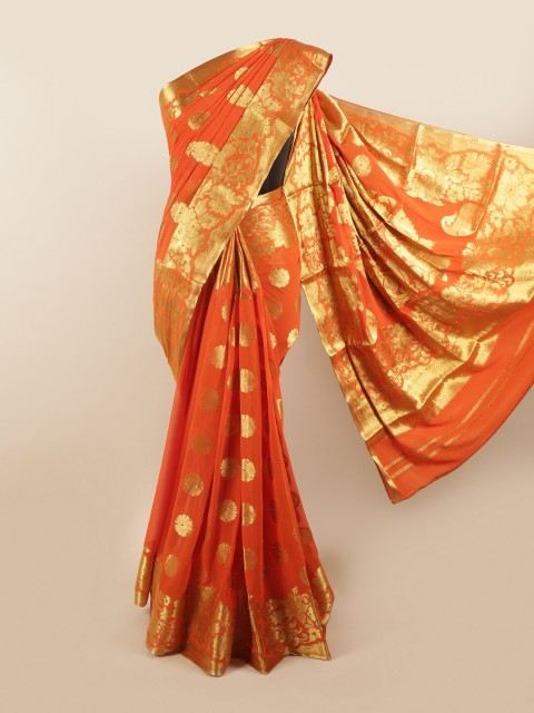 

Pothys Orange & Gold-Toned Floral Zari Pure Georgette Saree