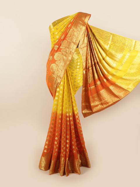 

Pothys Orange & Yellow Woven Design Zari Pure Georgette Saree