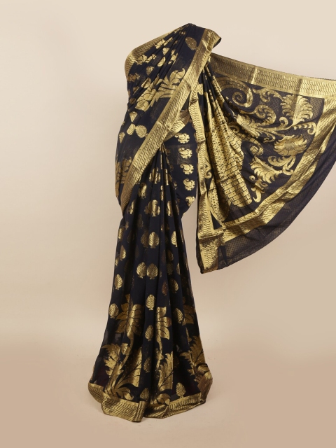 

Pothys Navy Blue & Gold-Toned Ethnic Motifs Sequinned Pure Georgette Saree